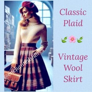 Vintage Plaid Skirt Wool Burgundy Red Blue Rose Pink USA Made Size Medium Large